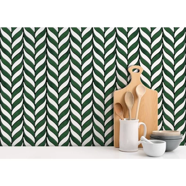 White and Green Leaves Peel and Stick Wall Tiles for Kitchen